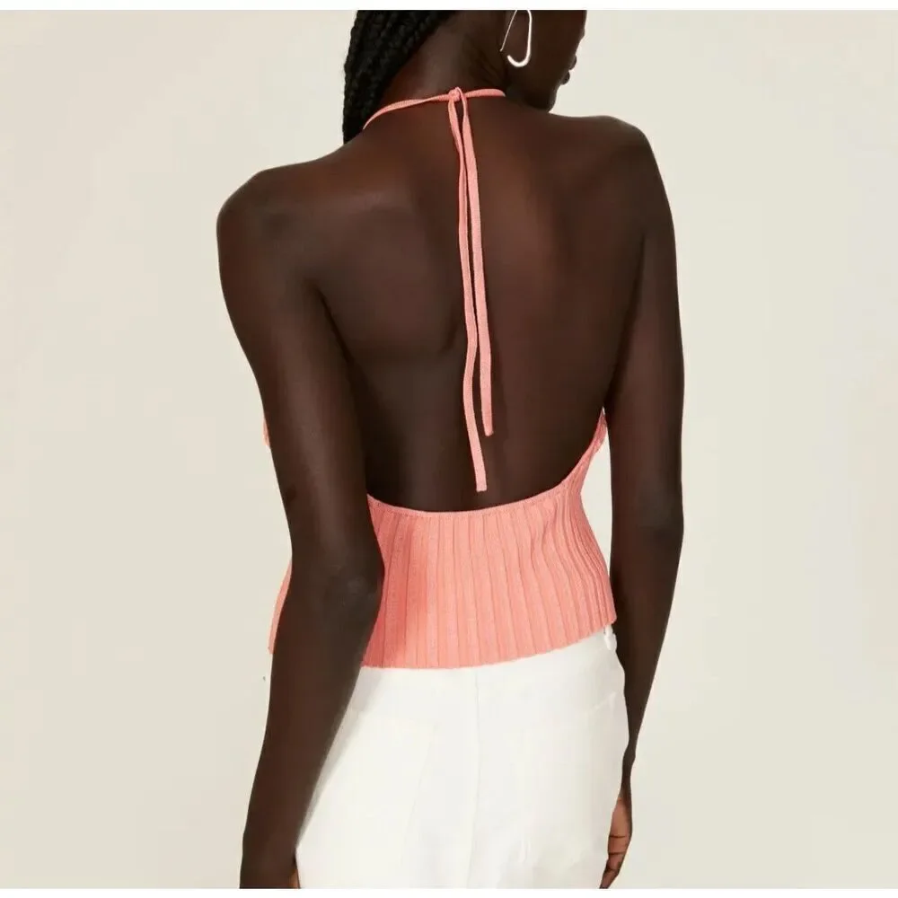 GAUGE81 Moura Plunge Top Women Small Ribbed Knit Halter Orange Viscose Blend - Picture 2 of 15
